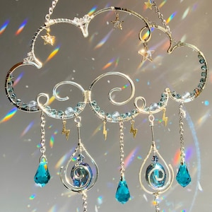 Silver Moon Stars Rain Cloud Crystal Suncatcher, 18k Gold-Plated celestial raindrop lightning boho witchy decor Prism gift rainbow maker