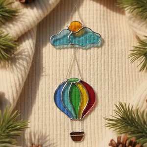 Rainbow Hot Air Balloon Glass Suncatcher with Cloud and Sun – Handcrafted Window Hanging Art, Colorful Home Accent, Unique Gift Idea