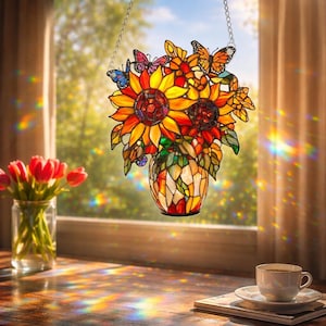 Sunflower Butterfly Suncatcher, Stained Glass Style Acrylic Window Decor (Rainbow Light Maker)