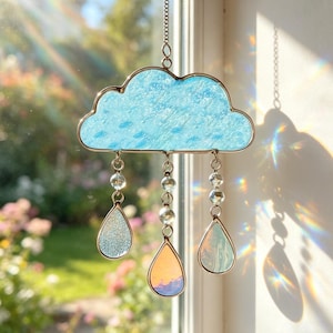 Sun and Cloud Stained Glass Window Decor with Raindrops | Personalized Cloud Suncatcher | Nursery Glass Window Decor | Handmade Gift for Mom