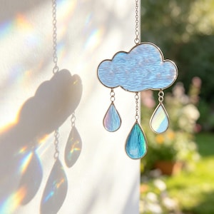 Blue Cloud Stained Glass Suncatcher | Weather Themed Suncatcher | Cloud Suncatcher with Colorful Raindrops | Mother's Day Gift Nursery Decor