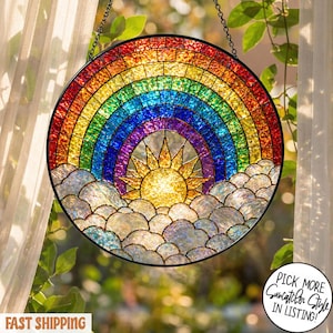 Rainbow and Sun Stained Glass Suncatcher, Colorful Clouds Window Hanging Art, Hope and Happiness Decor, Unique Gift for Rainbow Lovers