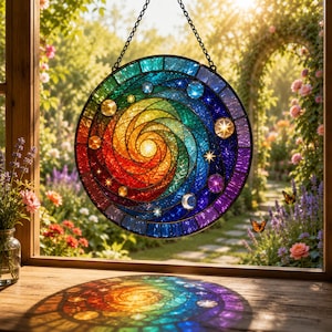 Rainbow Galaxy Spiral Suncatcher, Stained Glass Sun Catcher, Celestial Window Hanging, Boho Rainbow Glass Decor