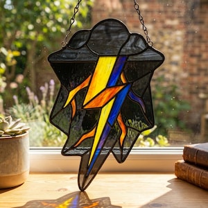Colorful Lightning Bolt With Cloud Irregular Stained Glass Suncatcher, Gothic Gift