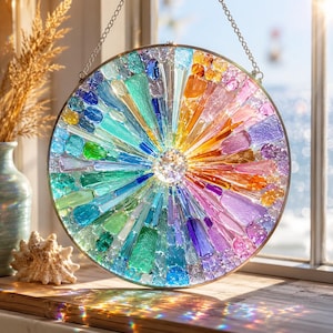 Sea Glass Rainbow Suncatcher, Crystal Prism Stained Glass Window Hanging, Summer Home Decor, Beach House Unique Suncatcher Gift Decor