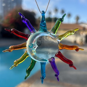 Rainbow Sun & Moon Blown Glass Suncatcher – Handmade Mexican Artisan Glass Ornament, multicolor, sun with moon. Shiny SunCatcher